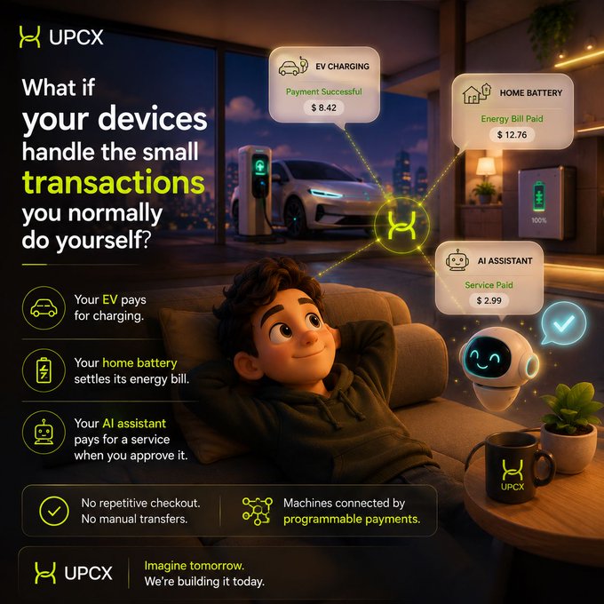 A UPCX promotional graphic showing a cartoon man relaxing on a couch while his devices handle payments automatically, with examples including EV Charging ($8.42), Home Battery ($12.76), and AI Assistant ($2.99), tagged 'Imagine tomorrow. We're building it today.'