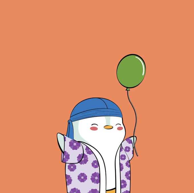 A cute cartoon illustration of a small white bird-like character wearing a blue beanie and a purple floral robe, holding a green balloon against an orange background.