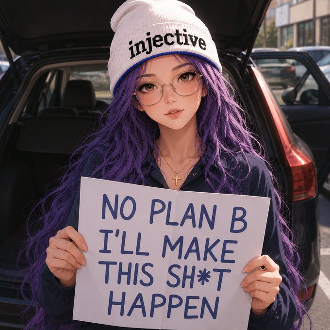 An anime-style girl with long purple hair, glasses, and a white beanie reading 'injective' holds a sign that says 'NO PLAN B I'LL MAKE THIS SH*T HAPPEN' in front of a car.
