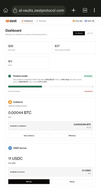 A Zest Protocol dashboard showing $26 net value, $37 total collateral (BTC), $11 debt, and a healthy position with 30% LTV.