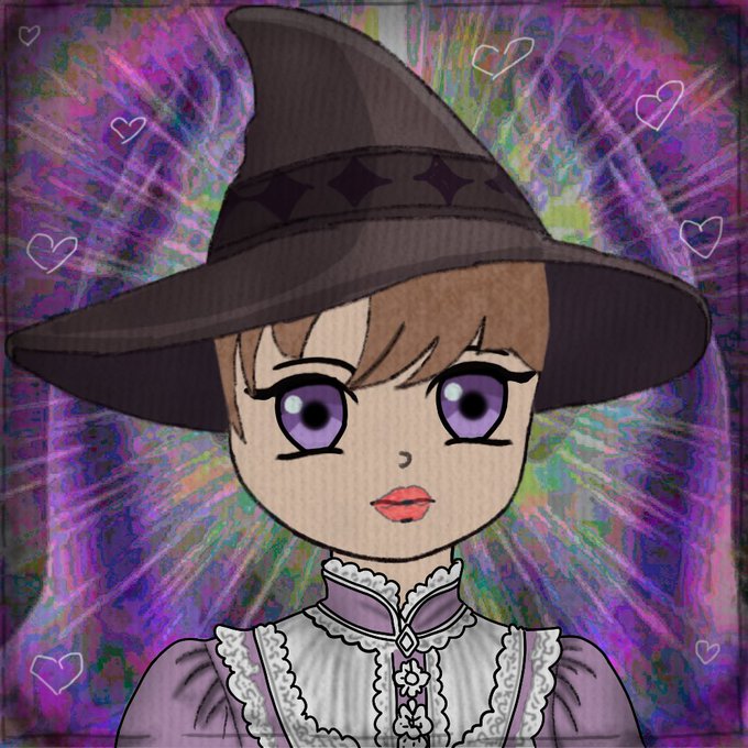 An anime-style illustration of a girl wearing a wide brown witch's hat and a purple Victorian-style dress, set against a sparkling purple background decorated with small white hearts.