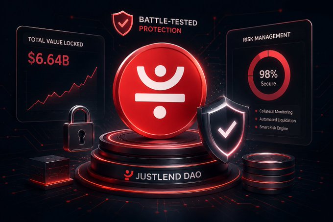 The image showcases JustLend DAO with a prominent red coin bearing its logo, flanked by panels displaying "Total Value Locked $6.64B" and "Risk Management 98% Secure," along with features like collateral monitoring and automated liquidation. It visually reinforces the post's emphasis on battle-tested protection and resilient risk management, highlighting $JST's role in the platform's governance framework.