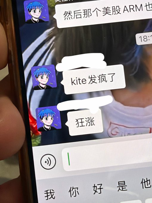 A smartphone screen shows a Chinese messaging app conversation with chat bubbles reading '然后那个美股 ARM 也', 'kite 发疯了', and '狂涨', with part of the user names redacted.