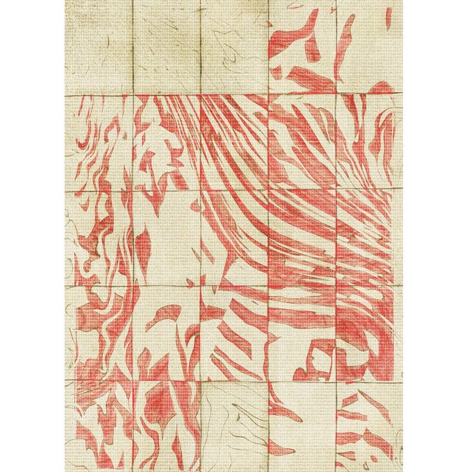 An abstract artistic image featuring a beige, textured background overlaid with red, flowing, marbled or wood-grain-like patterns and faint line drawings.