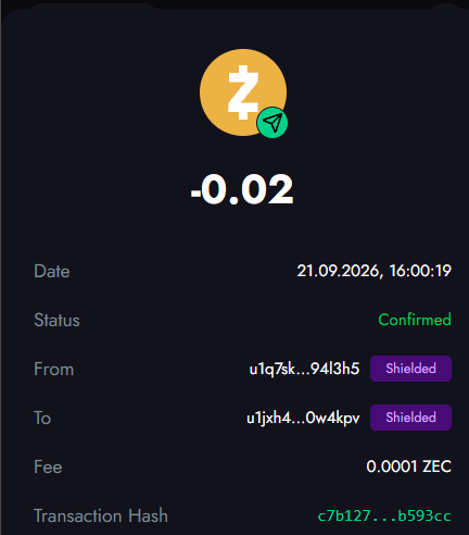 A Zcash (ZEC) transaction confirmation screen showing -0.02 ZEC sent from a shielded address (u1q7sk...9413h5) to another shielded address (u1jxh4...0w4kpv) on 21.09.2026 with a fee of 0.0001 ZEC and transaction hash c7b127...b593cc.