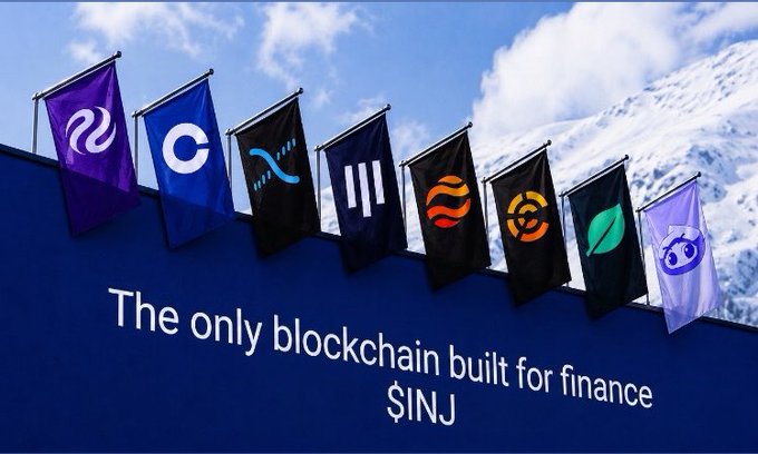 The image features a blue wall with seven flags hanging from it, each representing a different cryptocurrency. The text "The only blockchain built for finance" is written below the flags, indicating that these projects are focused on creating financial infrastructure using blockchain technology. The most prominent flag in the lineup is the one with an eye design, which stands out among the other flags due to its unique appearance.