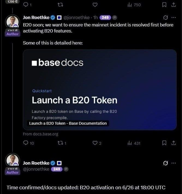 A screenshot of a X post by Jon Roethke (@jonroethke) confirming B20 activation on 6/26 at 18:00 UTC on Base, with an embedded Base docs link titled "Launch a B20 Token," aligning with the announcement that $BASE is coming soon.