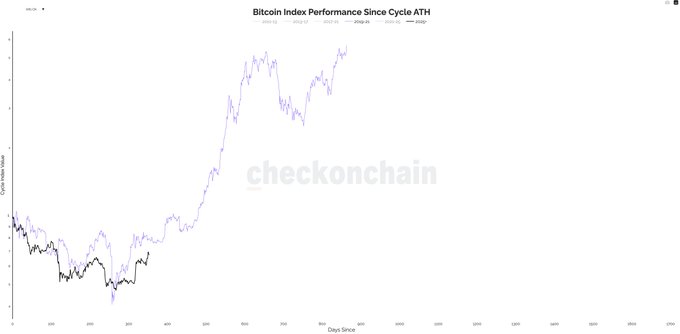 A line chart titled "Bitcoin Index Performance Since Cycle ATH" by checkonchain compares the current cycle (black line) to the 2019-2020 mid-cycle correction (purple line) over roughly 1000+ days, showing both bottoming around 259 days and following a remarkably similar trajectory before continuing upward, supporting the post's claim that the recent bear market was merely a mid-cycle correction.