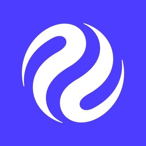 A logo consisting of a white, swirling, circular design centered on a solid blue background.