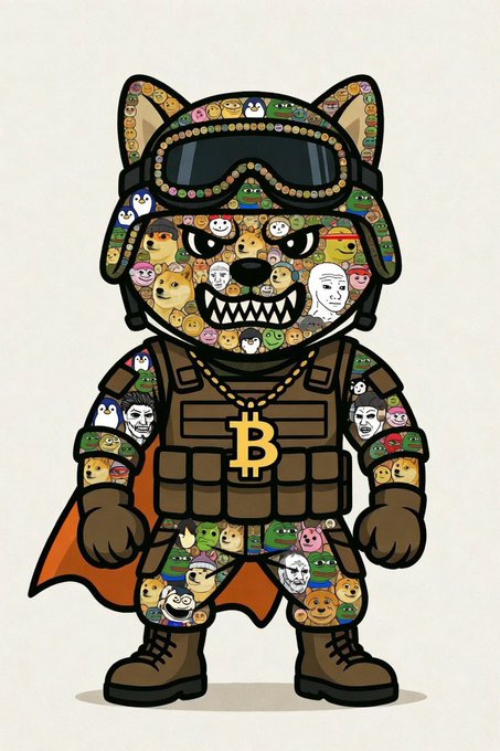 A cartoon Shiba Inu character dressed in tactical military gear, including a helmet with goggles and a vest, is covered head-to-toe in a mosaic of Doge and meme faces, with a gold Bitcoin chain featuring the "₿" symbol around its neck. The image visually reinforces the post's rallying cry to the "$DOG army," portraying the community's meme-driven, hustle-focused spirit through the warrior dog mascot symbolizing dedication to growing the $DOG bag.