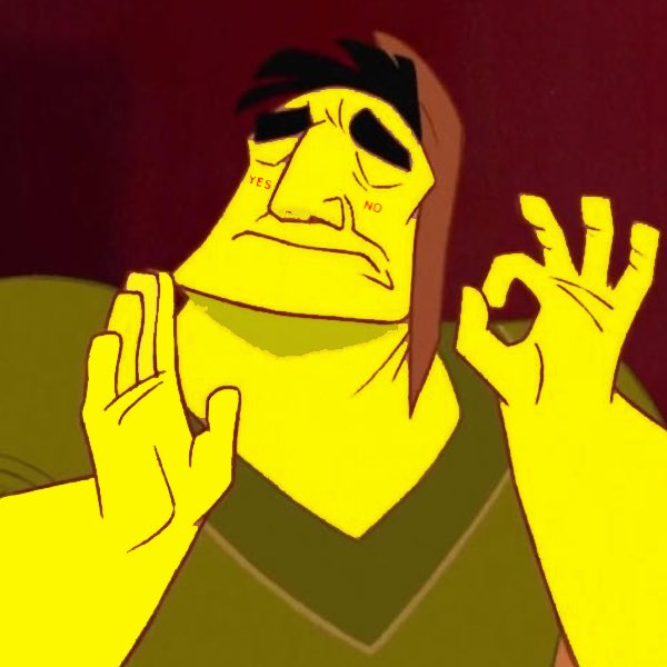 A cartoon illustration of a hooded character with 'YES' and 'NO' tattooed on either side of their face, making an 'OK' gesture with both hands against a dark red background.