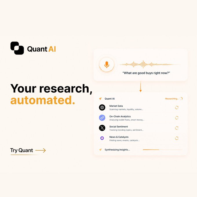 A promotional graphic for 'Quant AI' advertising automated research with the tagline 'Your research, automated.' and showing an example query 'What are good buys right now?'.