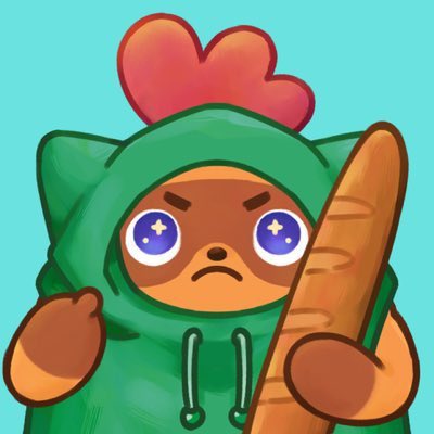 A cartoon character wearing a green hoodie with cat ears, displaying an angry expression with starry purple eyes while holding a baguette against a turquoise background.