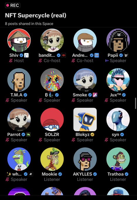 This image shows a "NFT Supercycle (real)" audio room with several participants, many using NFT profile pictures, such as the Bored Ape Yacht Club.