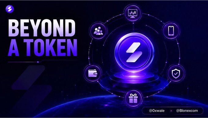 The image is a promotional graphic featuring the bold text "BEYOND A TOKEN" alongside a central stylized "B" logo surrounded by icons representing an ecosystem—people (community), a phone (mobile), wallet (trading), shield (security), gift (rewards), and monitor—visually reinforcing Blonex's message of being more than just a token by showcasing its multi-utility ecosystem of community rewards, trading infrastructure, and AI.