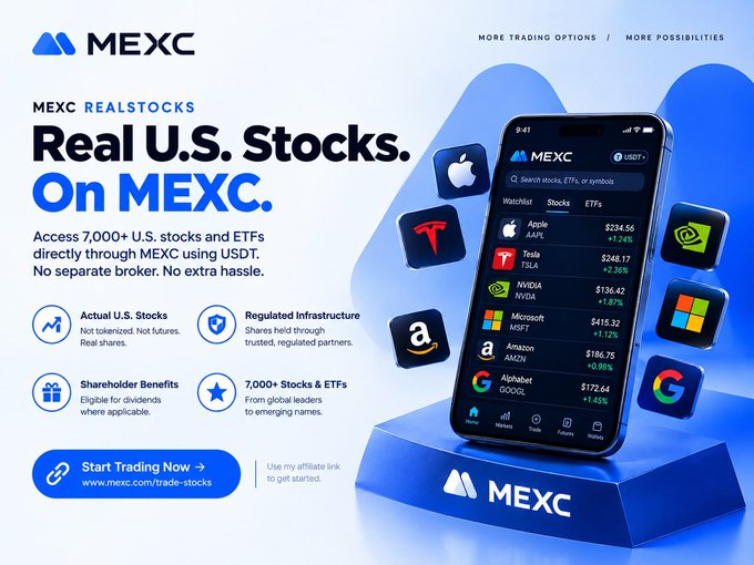 An advertisement for MEXC Realstocks promotes trading over 7,000 U.S. stocks and ETFs using USDT, featuring a smartphone displaying stock prices for Apple, Tesla, NVIDIA, Microsoft, Amazon, and Alphabet alongside icons for the respective companies.
