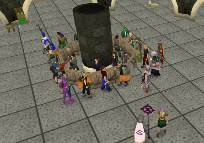 A crowd of RuneScape avatars gathers in a circle around a stone pillar, while a woman in a green dress approaches holding a large rune staff. The image humorously critiques web3 hype by depicting the "next successful market" as nothing more than gamers clustered around a meaningless central monument, with mysterious signage offering no clear substance beyond crowd momentum.