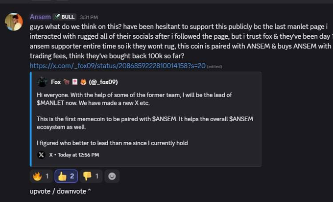 A Discord message from user "Ansem" discusses supporting the $MANLET memecoin, noting his past negative experience with the team but expressing trust in Fox, who is leading the project as a paired token with $ANSEM. The post directly relates to the caption by highlighting Ansem's promotion that triggered a pump in the $MANLET token.