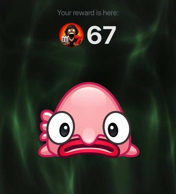 A graphic showing a pink cartoon character with a sad expression against a dark green smoky background, with text 'Your reward is here:' and a circular avatar next to the number '67'.