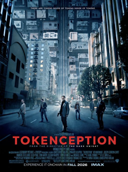 The image is a parody movie poster titled "TOKENCEPTION" directed by Christopher Nolan, featuring a tagline at the top reading "THERE ARE TOKENS INSIDE OF TOKENS INSIDE OF TOKENS" and a bottom caption promoting an "ONCHAIN IN FALL 2026 IMAX" release.

It cleverly illustrates the Reddit post's concept of endless nested token rewards (holding tokens that yield more tokens that yield more tokens), using the iconic visual style of "Inception" with its city-folding dreamscape to humorously depict the recursive, mind-bending nature of yield-farming token rewards.