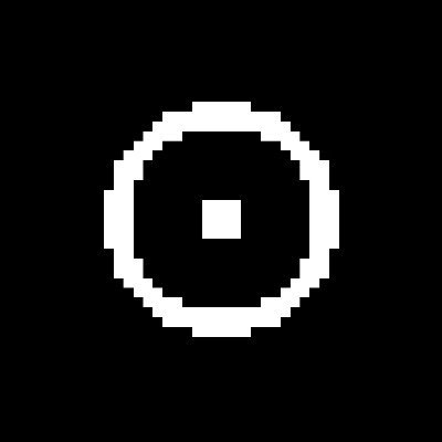 A simple black and white pixelated icon showing a white circle or ring with a small square in the center on a black background.