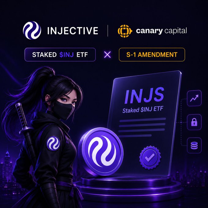 Promotional graphic featuring Injective logo and Canary Capital, announcing 'STAKED $INJ ETF × S-1 AMENDMENT' with a ninja character and INJS Staked $INJ ETF branding.