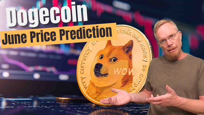 The image is a photograph of a man holding up an open coin, which features a dog face. The man appears to be talking about Dogecoin (a digital currency) and making a price prediction for June based on historical data. The text that accompanies the image reads: "Dogecoin has historically had bad June months. In my latest video I give you my $DOGE June price prediction." This suggests that the man is trying to predict the price of Dogecoin in June, considering its performance over the past few months and offering an explanation for this trend.