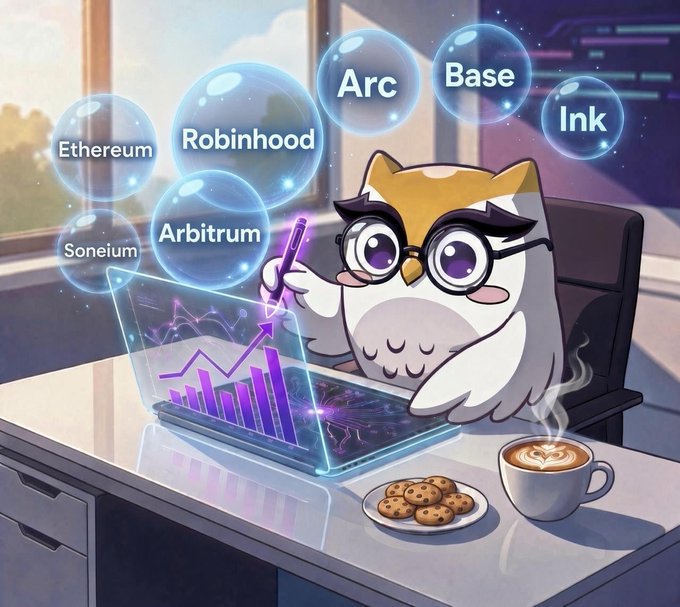 An adorable bespectacled owl sits at a desk analyzing holographic bubbles labeled with blockchain networks—Ethereum, Robinhood, Arbitrum, Soneium, Arc, Base, and Ink—while sipping coffee and pointing at a rising chart on a glowing laptop. The whimsical mascot and rising bar graph visually represent the Owlto Finance weekly bridge insights, highlighting the protocol's growing cross-chain activity and optimized performance across multiple networks.