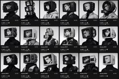 A black and white contact sheet showing multiple frames of a person wearing a helmet with a camera mounted on it.