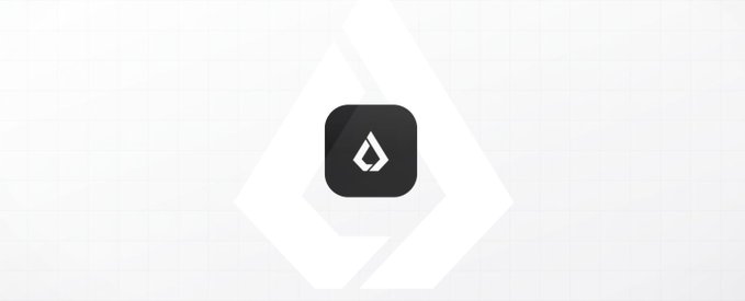 A minimalist logo screen displays a black rounded-square icon with a white abstract symbol centered over a pale geometric background.