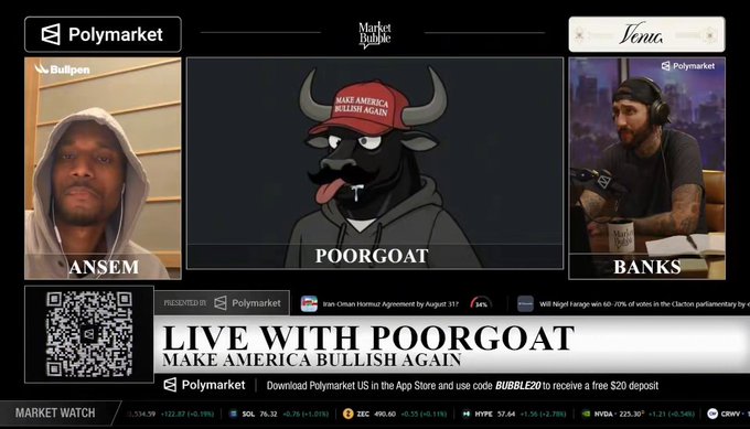 A screenshot from Polymarket showing a live stream titled 'LIVE WITH POORGOAT' featuring guests Ansem and Banks, with a 'MAKE AMERICA BULLISH AGAIN' cap-wearing goat mascot and a QR code.