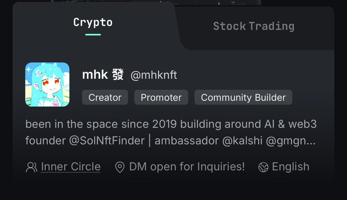 The image shows a crypto community profile for "mhk 愛 @mhknft," featuring tags for Creator, Promoter, and Community Builder, with the user noting they've been in the space since 2019 building around AI & web3, and founded SolNftFinder while being an ambassador for Kalshi and GMGN. The "officially a smart follower gKaito" caption suggests this is a screenshot celebrating gaining a "smart follower" badge on the Kaito platform, with the profile highlighting the user's crypto expertise and affiliations.