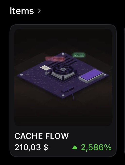 A digital item card displays a 3D-rendered circuit board labeled "CACHE FLOW" priced at "210,03 $" with a "2,586%" increase shown in green.