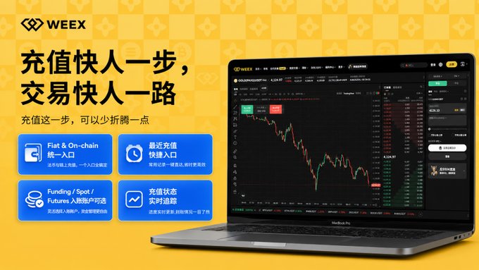A yellow WEEX cryptocurrency exchange advertisement features Chinese text promoting fast deposits ("充值快人一步，交易快人一路") alongside a laptop displaying a trading chart interface.