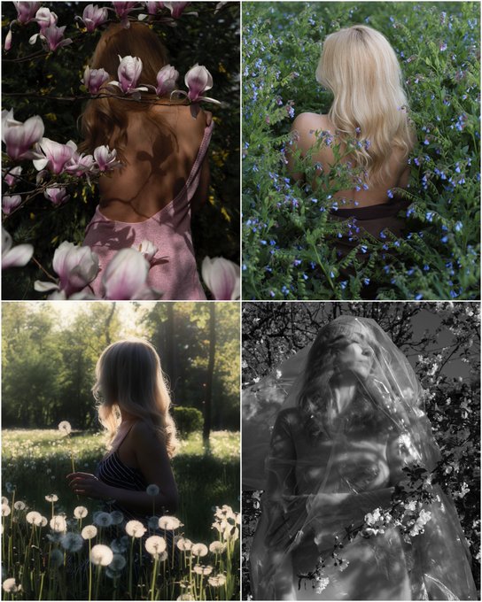 The image features four photos of a woman with blonde hair, each showing her in different poses or settings. The first photo shows the woman standing in front of a field filled with white flowers, while the second photo captures her sitting among the same flowers. The third photo depicts the woman walking through the flower-filled area, and the fourth photo shows her looking up at the sky above the flowers. These photos are part of an album titled "Fragile Soul" which is about capturing moments in life that make us feel fragile or vulnerable.