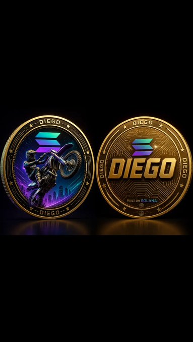 Two sides of a gold 'DIEGO' commemorative coin built on Solana, with one side featuring a motocross rider and the other displaying the Solana logo and 'DIEGO' branding against a black background.