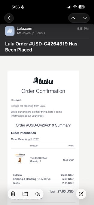 A screenshot of an iPhone email from Lulu.com displaying an order confirmation for "The SDOG Effect" (Order #USD-C4264319) priced at $19.99 with a total of $27.83 USD, showing support for the DOG community book purchase mentioned in the post.