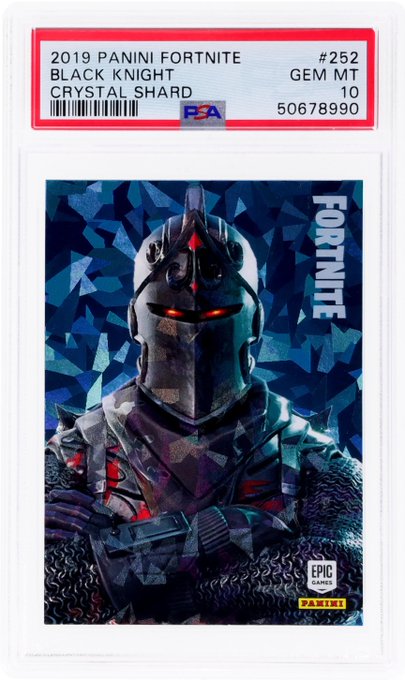 A PSA-graded 2019 Panini Fortnite trading card #252 'Black Knight Crystal Shard' with a Gem Mint 10 rating (cert #50678990).
