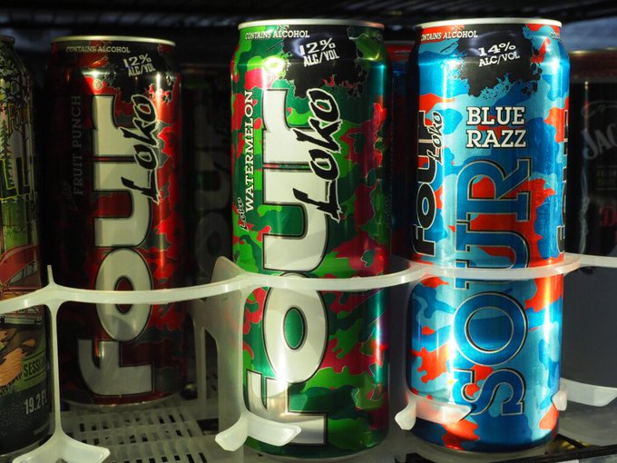 Four Lokos (Fruit Punch 12%, Watermelon 12%, Blue Razz 14%) lined up in a cooler—the perfect pregame fuel for tomorrow's BIOP110 cataclysm show. 🍻