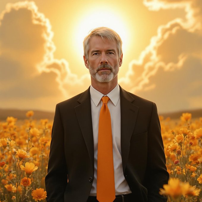 A middle-aged man with gray hair and beard wearing a black suit with a bright orange tie stands in a field of orange and yellow flowers under a sunset sky with dramatic clouds.