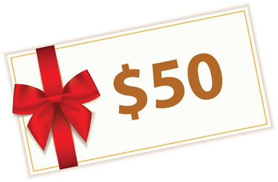A $50 giveaway gift certificate with red ribbon and bow, indicating the prize amount for the tagged winners from @kototrade's giveaway promotion requiring EVM wallet addresses for USDT or USDC delivery.