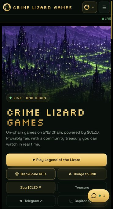 Screenshot of the 'Crime Lizard Games' website on BNB Chain, featuring a dark forest landscape with glowing green elements and options to 'Play Legend of the Lizard' and 'Buy $CLZD'.