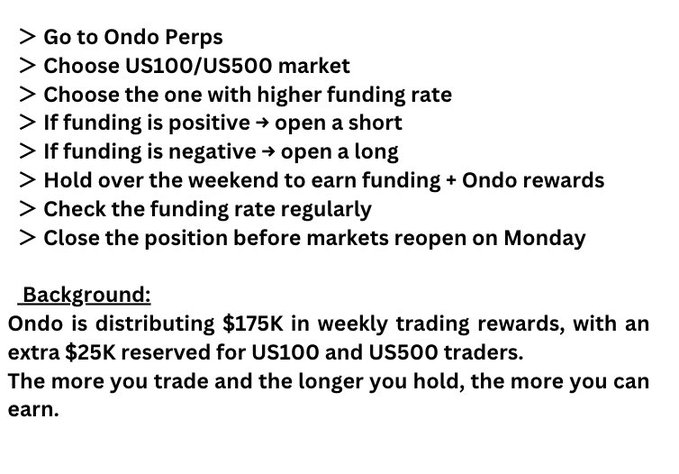 Text instructions for trading US100/US500 perpetual futures on Ondo Perps to earn weekly trading rewards and Ondo rewards by holding over the weekend based on funding rates.