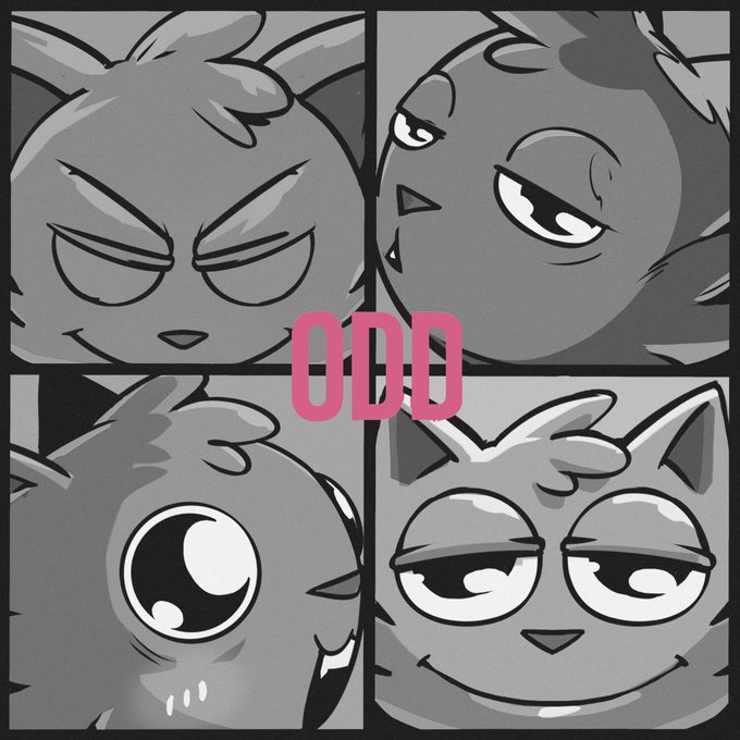 A four-panel grayscale illustration of a cat character showing different expressions with the pink text "ODD" in the center.