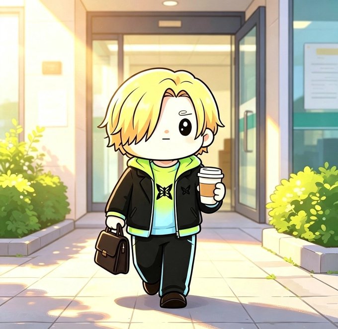 A chibi-style cartoon illustration of a blonde character in a black jacket and sweatpants holding a coffee cup and a brown briefcase while walking outdoors.