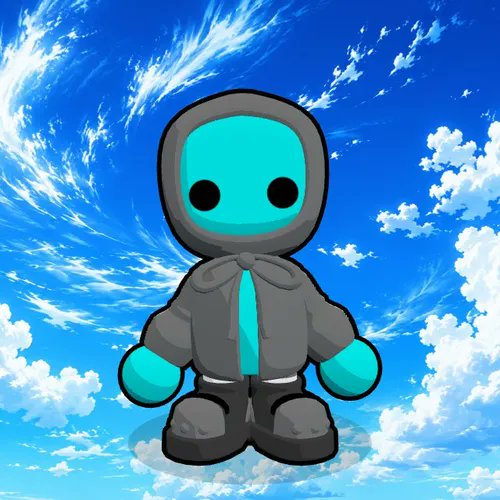 A cartoon character in a dark gray hooded robe with cyan blue skin and hands stands against a bright blue sky with scattered clouds. The figure appears to represent the "GOD PULL #6320" NFT, with its mystical hooded design reflecting the divine theme of TheGodPull collection.