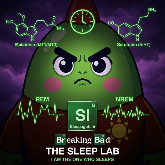 Parody artwork titled 'Breaking Bad: THE SLEEP LAB - I AM THE ONE WHO SLEEPS' featuring a green character with chemical structures for Melatonin and Serotonin, a clock, and REM/NREM brainwave readings.