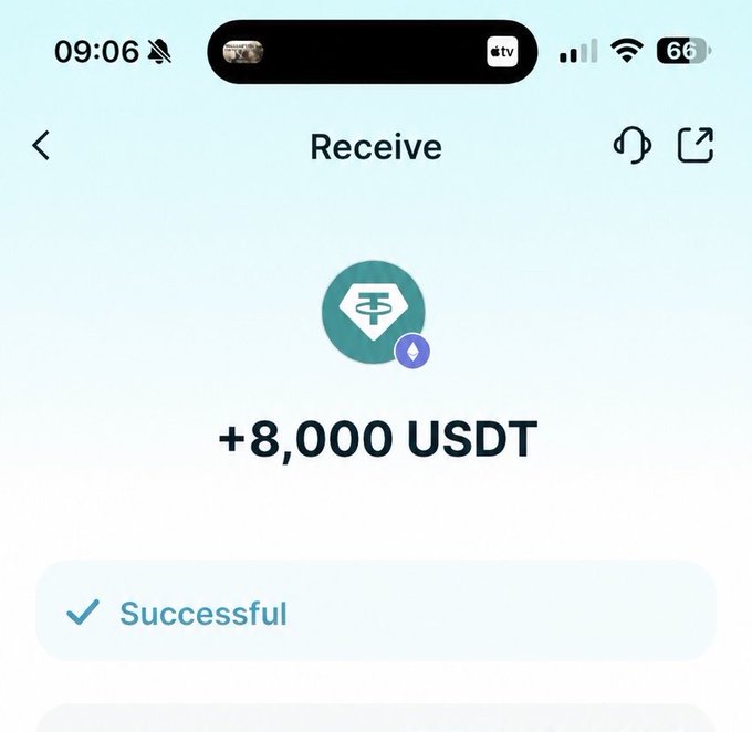 A smartphone screenshot showing a successful USDT (Tether) cryptocurrency transaction receiving +8,000 USDT, marked as 'Successful'.