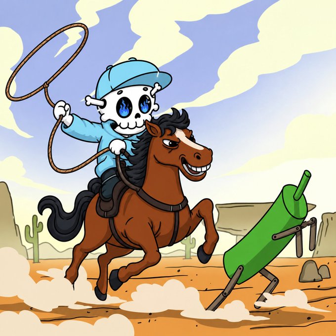 A cartoon illustration of a skeleton character wearing a blue cap, riding a brown horse while lassoing a green cactus-like creature in a desert setting.