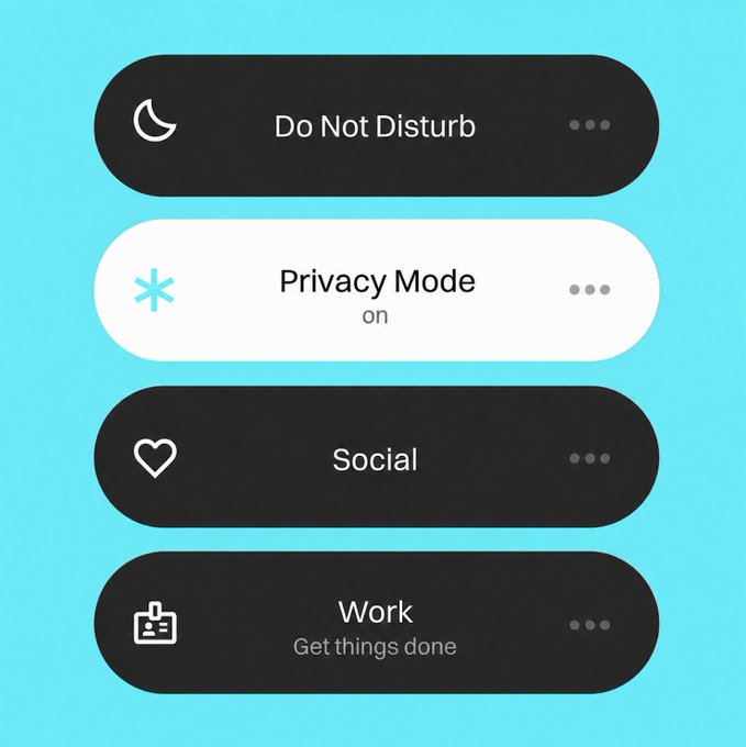 A mobile interface displays four mode options—"Do Not Disturb," "Privacy Mode" (highlighted as active/on), "Social," and "Work: Get things done"—on a turquoise background. The image illustrates the "Privacy Mode. Always on." caption by emphasizing the currently selected Privacy Mode option, marked with a cyan asterisk icon to show it's enabled.